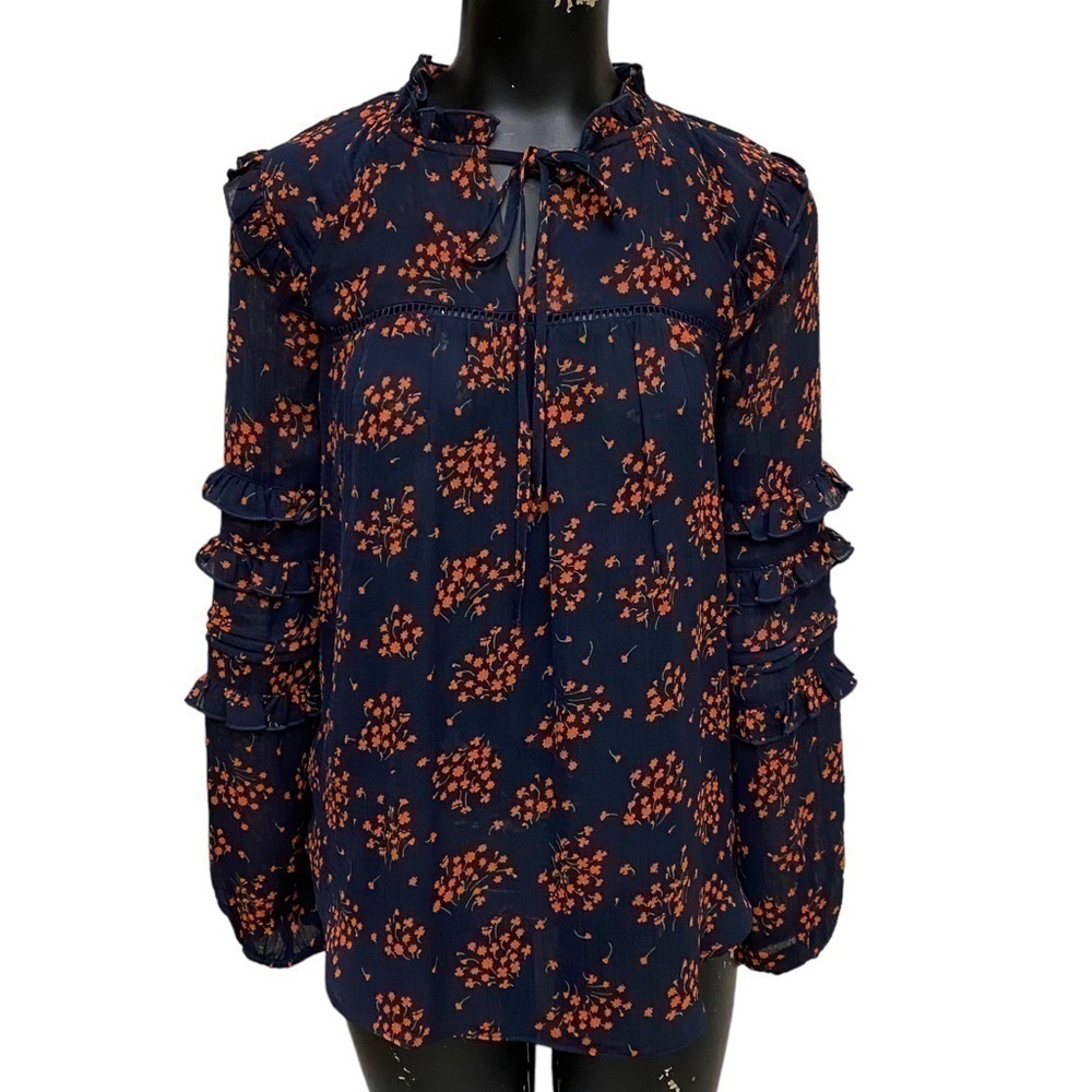 Ann Taylor Red Floral Chiffon Ruffle Tunic Top  Size XS